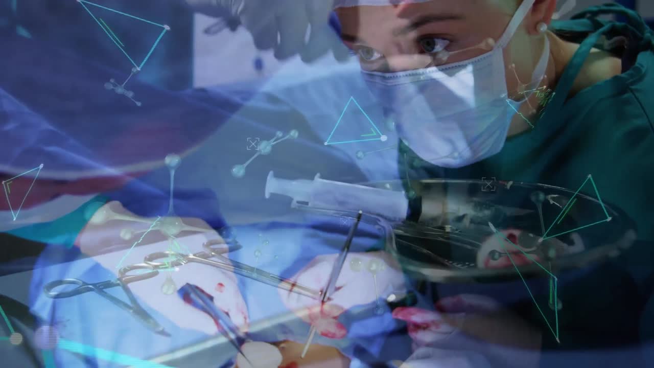 수술 중에 스트레스를 받은 백인 여성 외과 의사에 대한 분자 및 삼각형의 애니메이션