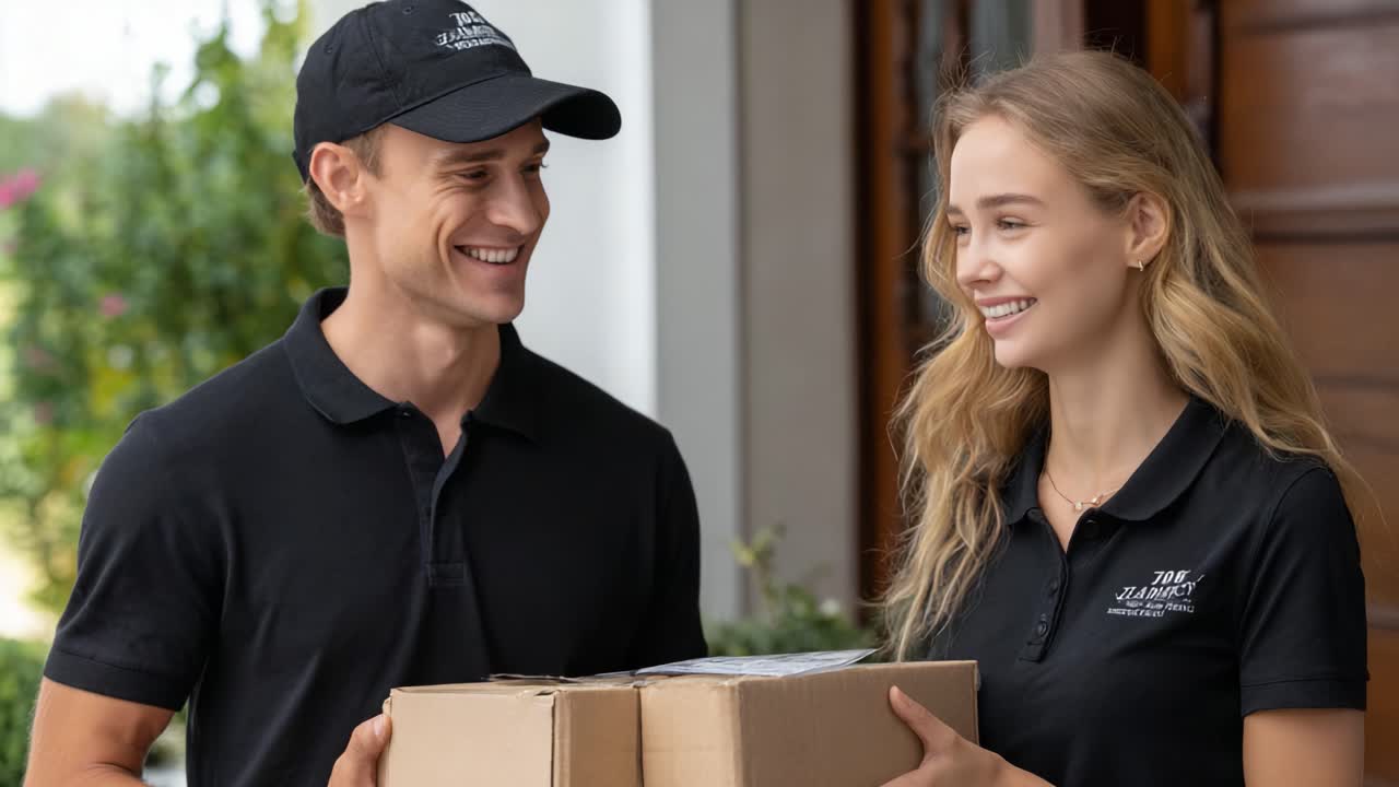 A Joyful Delivery Experience: Two Couriers Smiling While Handing Over Package at the Doorstep in a Bright and Welcoming Environment