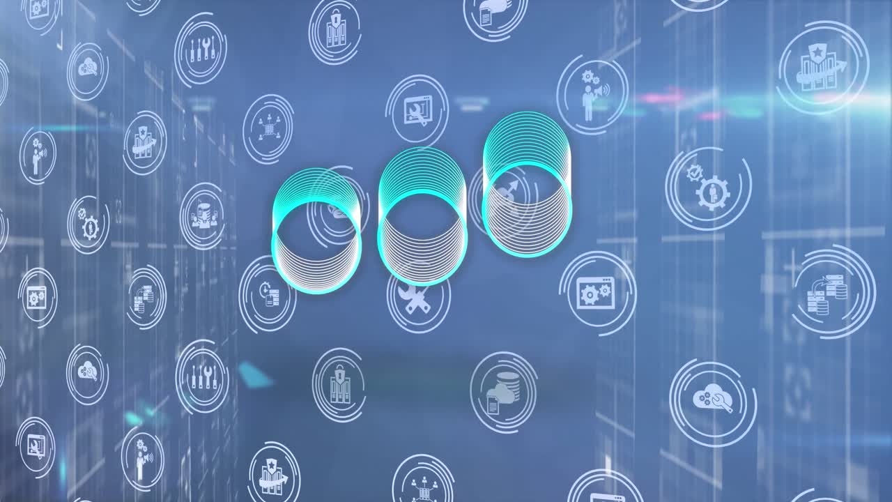 animación de iconos y círculos a través de una red de conexiones