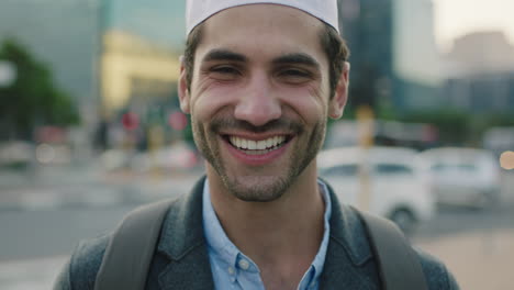 retrato en primer plano de un joven exitoso empresario de oriente medio sonriendo mirando a la cámara feliz disfrutando del estilo de vida urbano en una ciudad concurrida usando un sombrero kufi