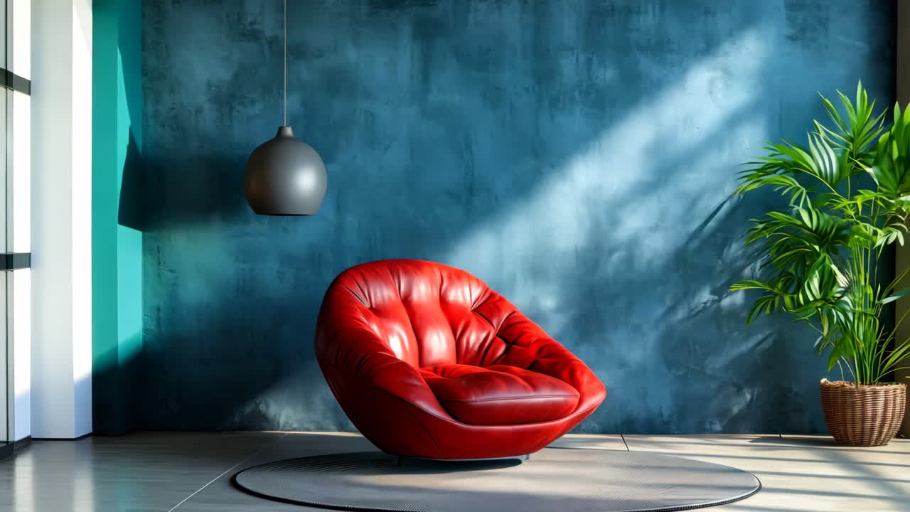 una silla roja sentada frente a una pared azul al lado de una planta