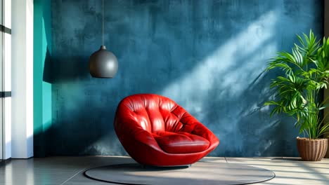 a red chair sitting in front of a blue wall next to a plant