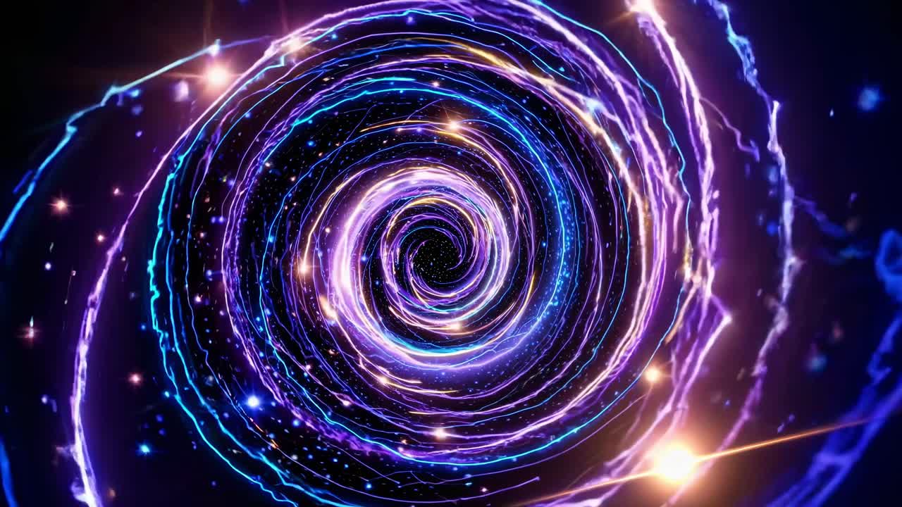 A mesmerizing video of a swirling vortex with neon colors and cosmic elements