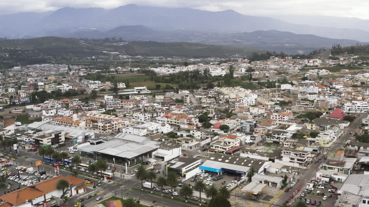 Aerial view of a sprawling city with diverse architecture and surrounding natural landscape