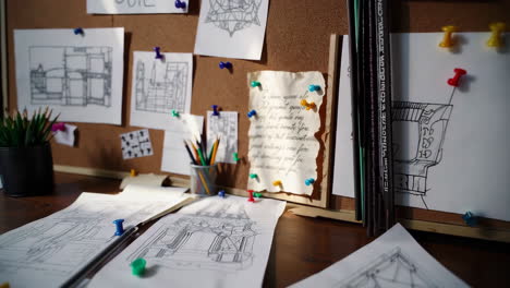 creative workspace with drawings and sketches