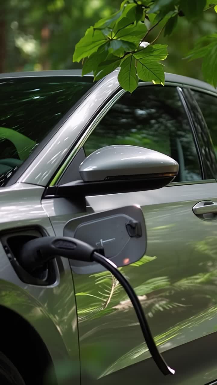 Un coche eléctrico plateado está aparcado junto a un exuberante follaje verde, mostrando su puerto de carga con un cable conectado en medio de un vibrante entorno natural