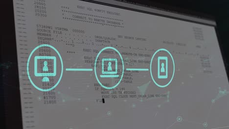 animation of network of digital icons over data processing against black background