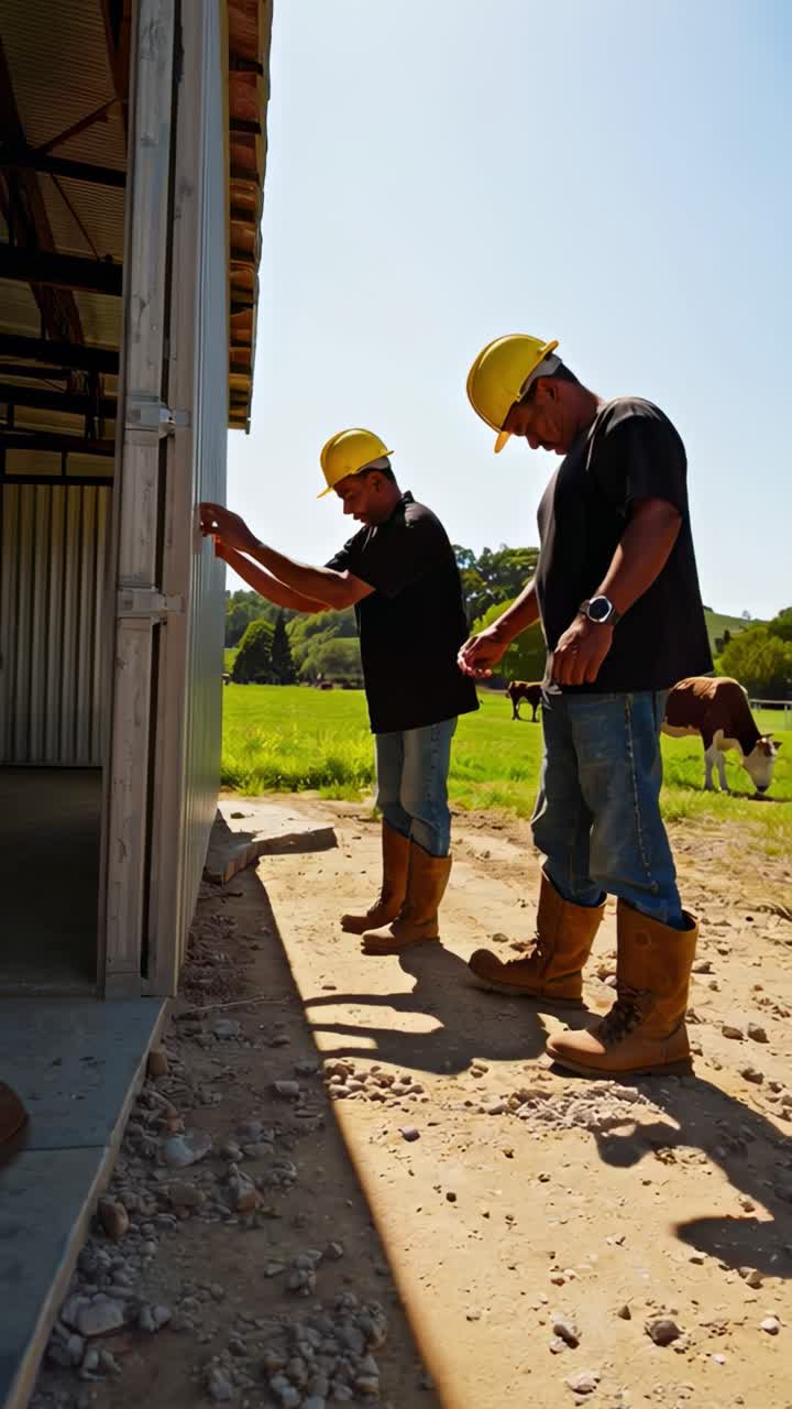 trabajadores de la construcción inspeccionando la construcción de la granja