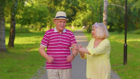 Feliz-Pareja-De-Ancianos-Con-Estilo-Familia-Abuela-Abuelo-Disfrutando-De-Una-Cita,-Bailando-En-El-Parque-De-Verano