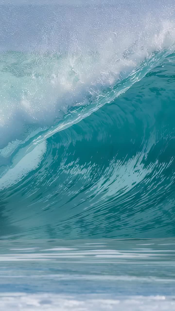 Vertical video: Rising swell forming curling lip on turquoise wave at sea, creating foam spray