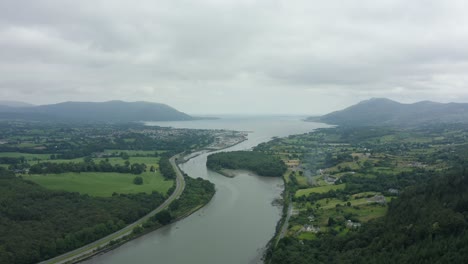 aerial 4k footage of the irish border with northern ireland, to the left is warrenpoint