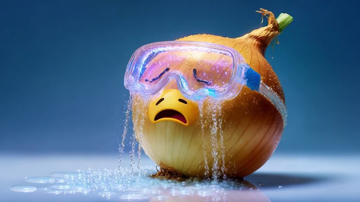 A playful depiction of an onion wearing swimming goggles with a sad expression, shedding tears as water droplets cascade down, creating a humorous yet relatable scene