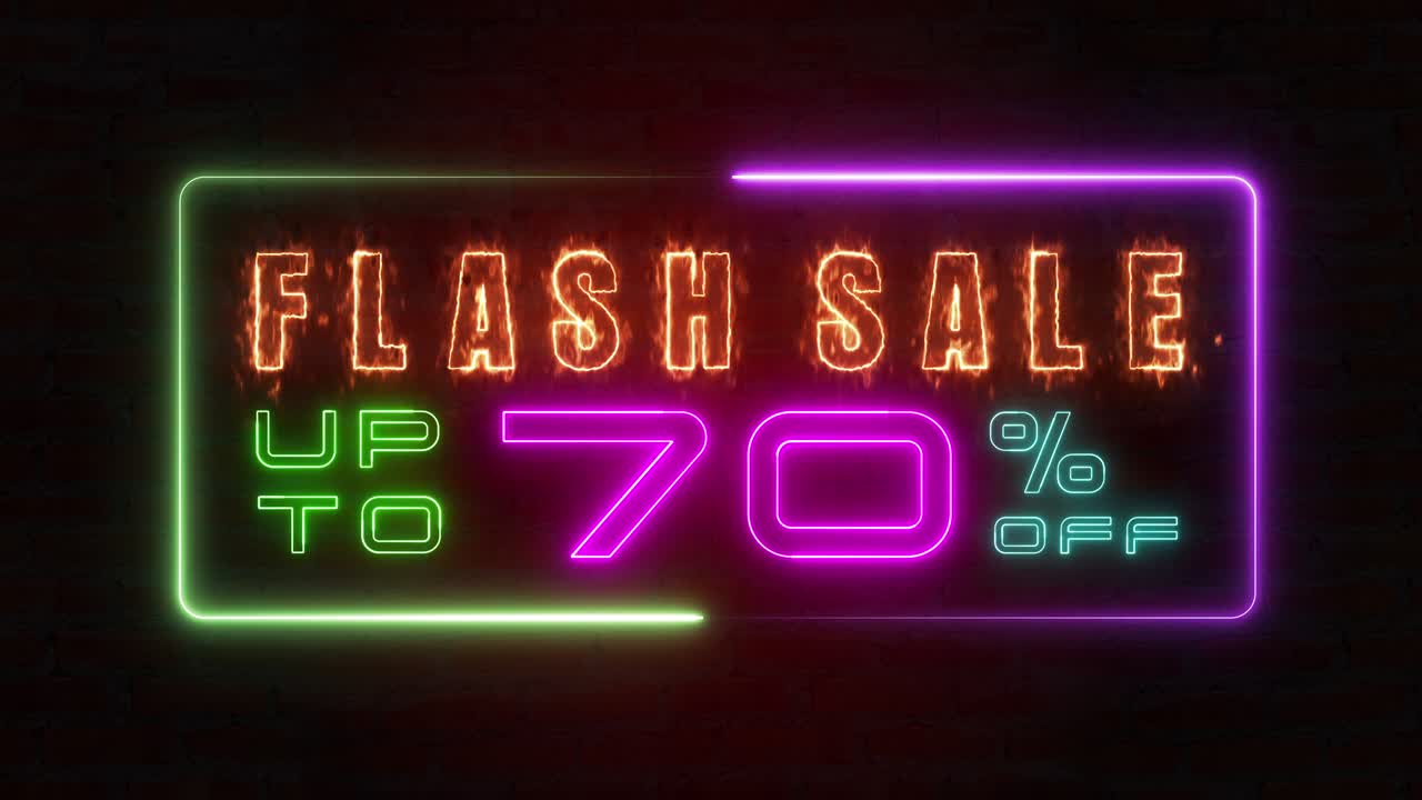 venta flash con trueno azul colorido de línea de neón blaze brillante parpadeante marco de bucle de animación al azar en un fondo negro.