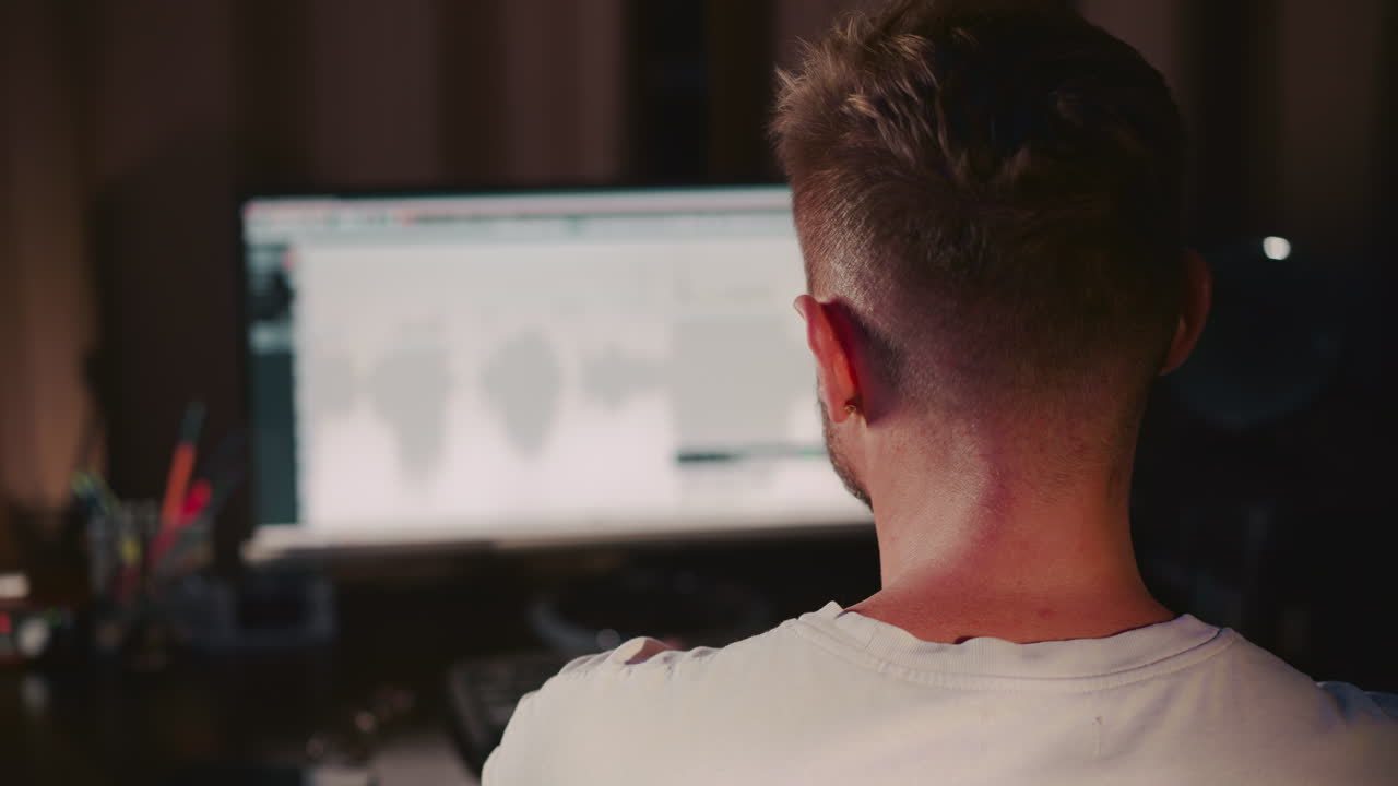 Audio supervisor operates on computer in studio. Artist examines sound track using digital tools. Music creator generates chart-topping piece