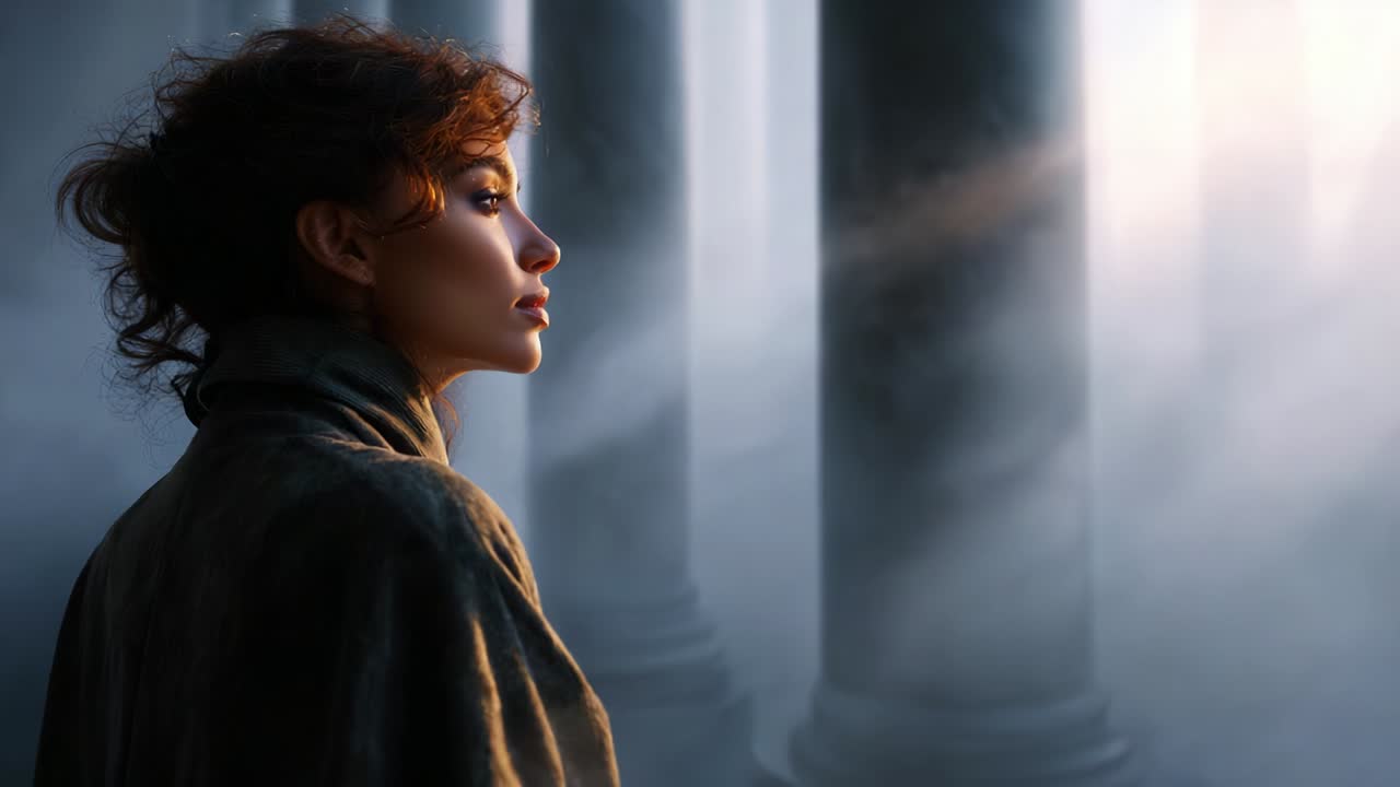 A contemplative woman gazes into the distance amidst ethereal mist, framed by towering columns bathed in soft light, evoking a deep sense of introspection and tranquility as shadows dance around her