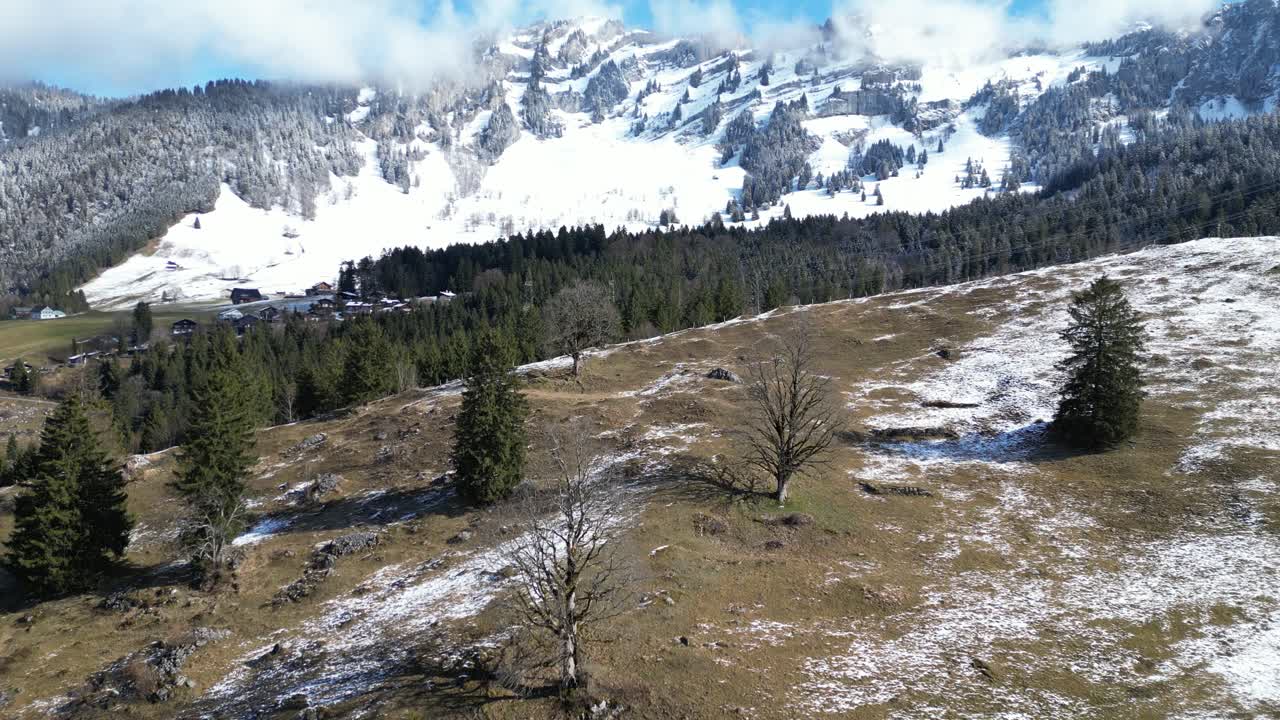 La vista del villaggio di Frontalpstock a Glarona, Svizzera, situato in una valle verde ai piedi delle Alpi, è mozzafiato