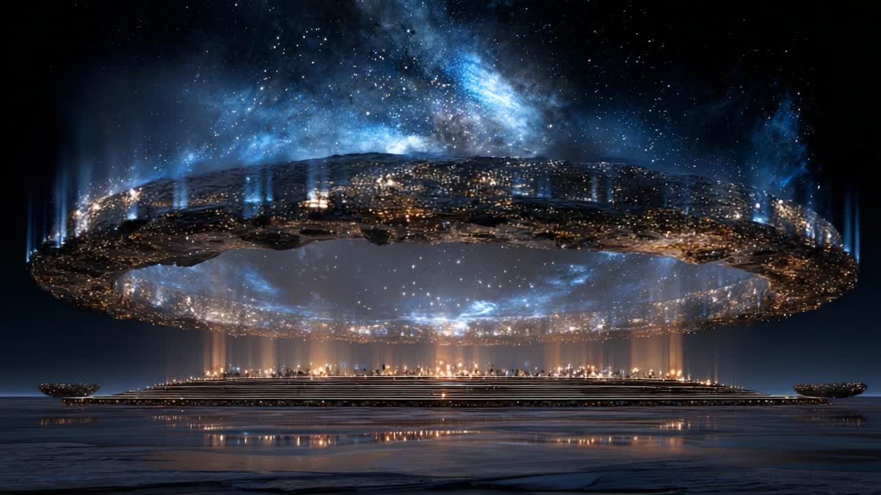 Majestic Floating Structure Illuminated by Cosmic Light: A Stunning Visual of an Extraterrestrial City Among the Stars, Showcasing Advanced Architecture and Celestial Atmosphere