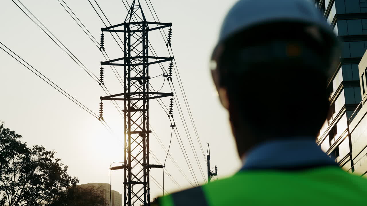 Electrical worker inspecting power lines
