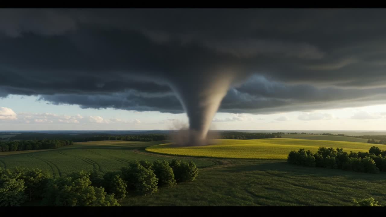Dramatic Tornado Formation Over Verdant Fields Captured in Stunning Detail, Showcasing Nature's Power and Raw Energy Against a Darkening Sky