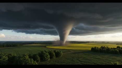 dramatic tornado formation over verdant fields captured in stunning detail, showcasing nature's power and raw energy against a darkening sky