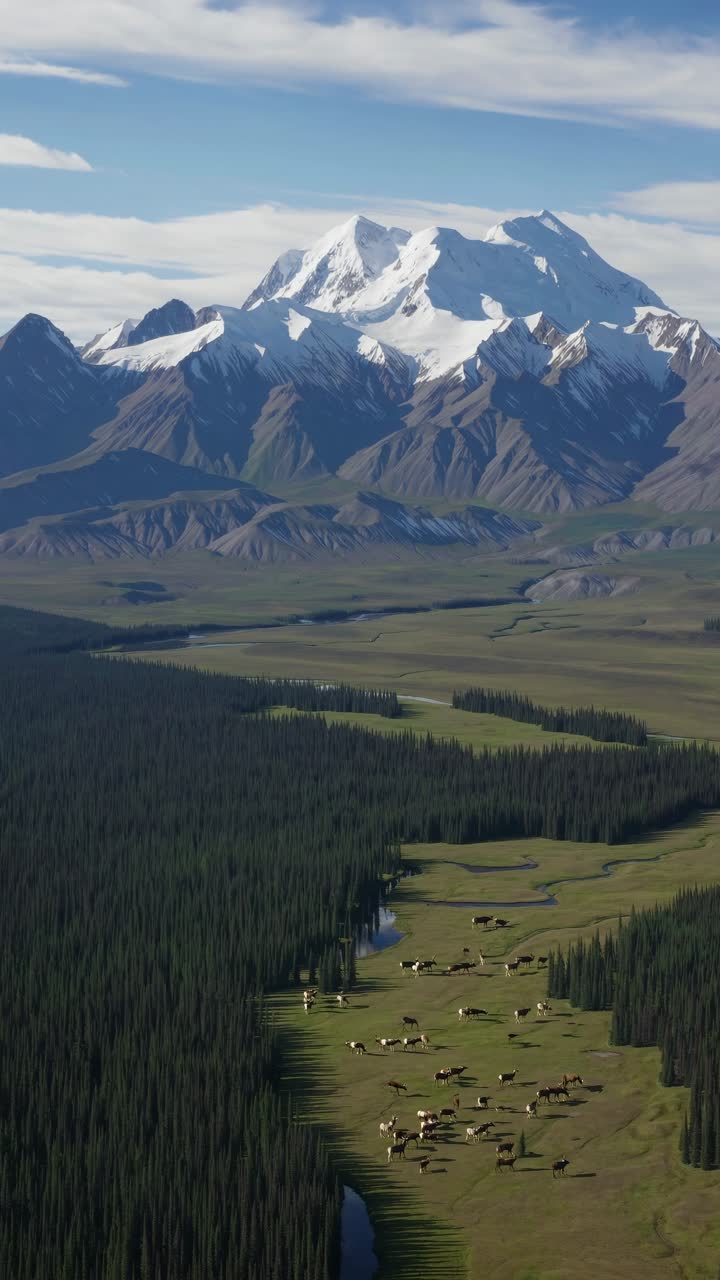Aerial view of a vast landscape with grazing animals, lush forests, and majestic snow-capped