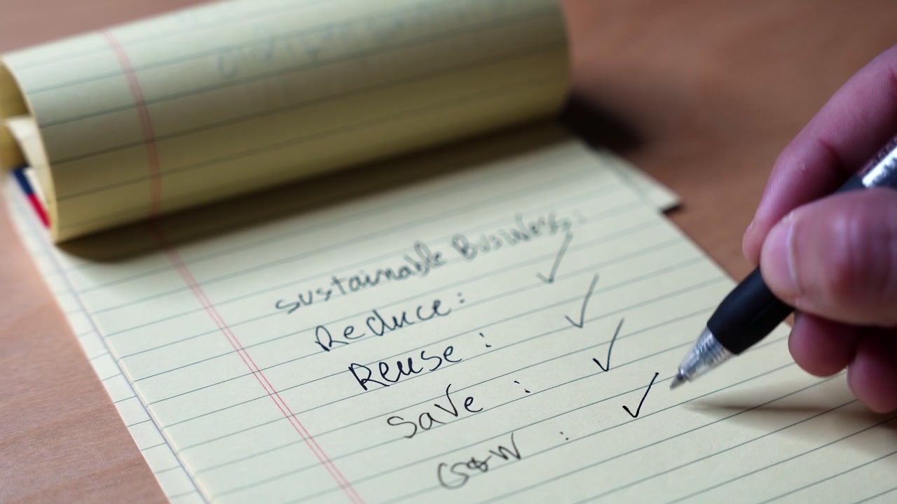 a person's hand using a black pen to check off a sustainable business checklist on a yellow legal notepad. The eco-friendly corporate goals rest on a wooden indoor office desk.