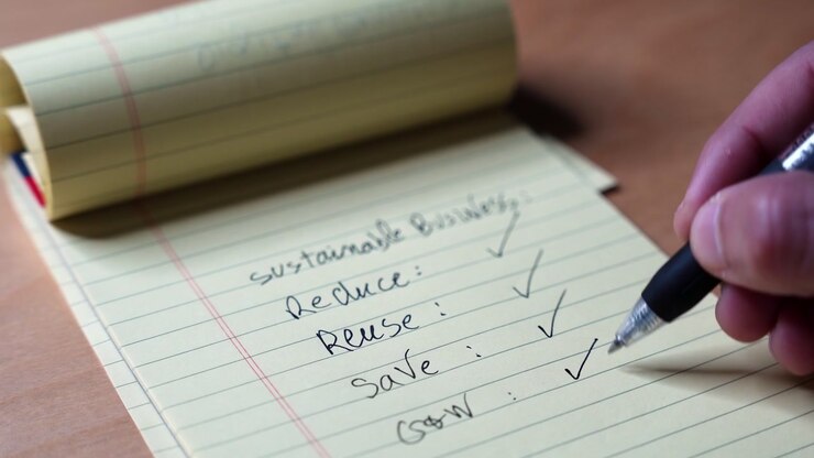 a person's hand using a black pen to check off a sustainable business checklist on a yellow legal notepad. The eco-friendly corporate goals rest on a wooden indoor office desk.