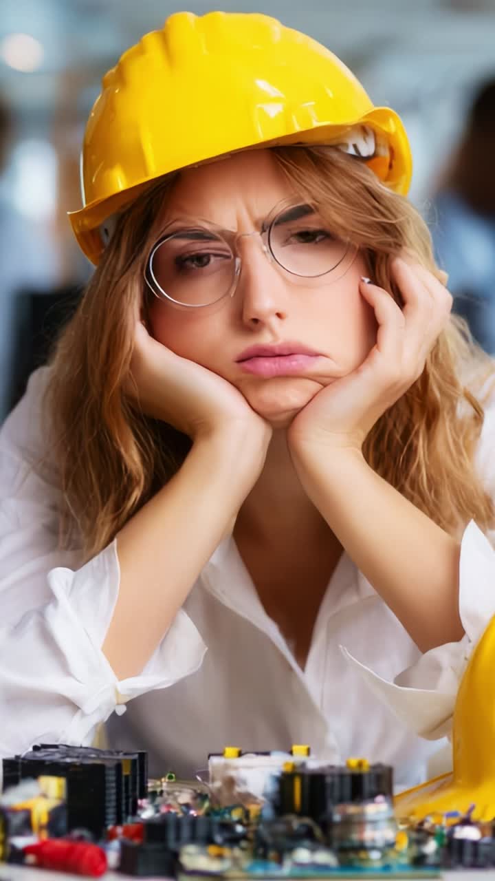 Giovane donna frustrata con casco di sicurezza che esprime disappunto mentre lavora con componenti elettronici e circuiti stampati in un ambiente di lavoro moderno