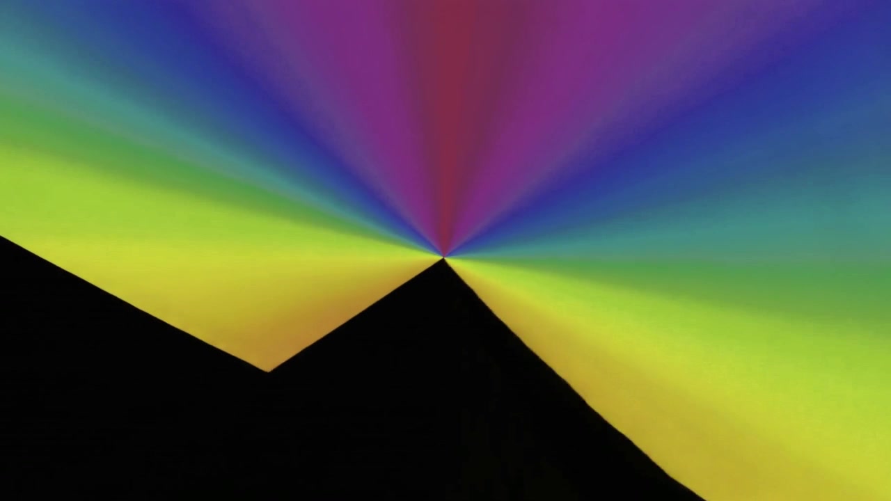 Formas geométricas con degradado de arcoíris abstracto expandiéndose sobre fondo negro