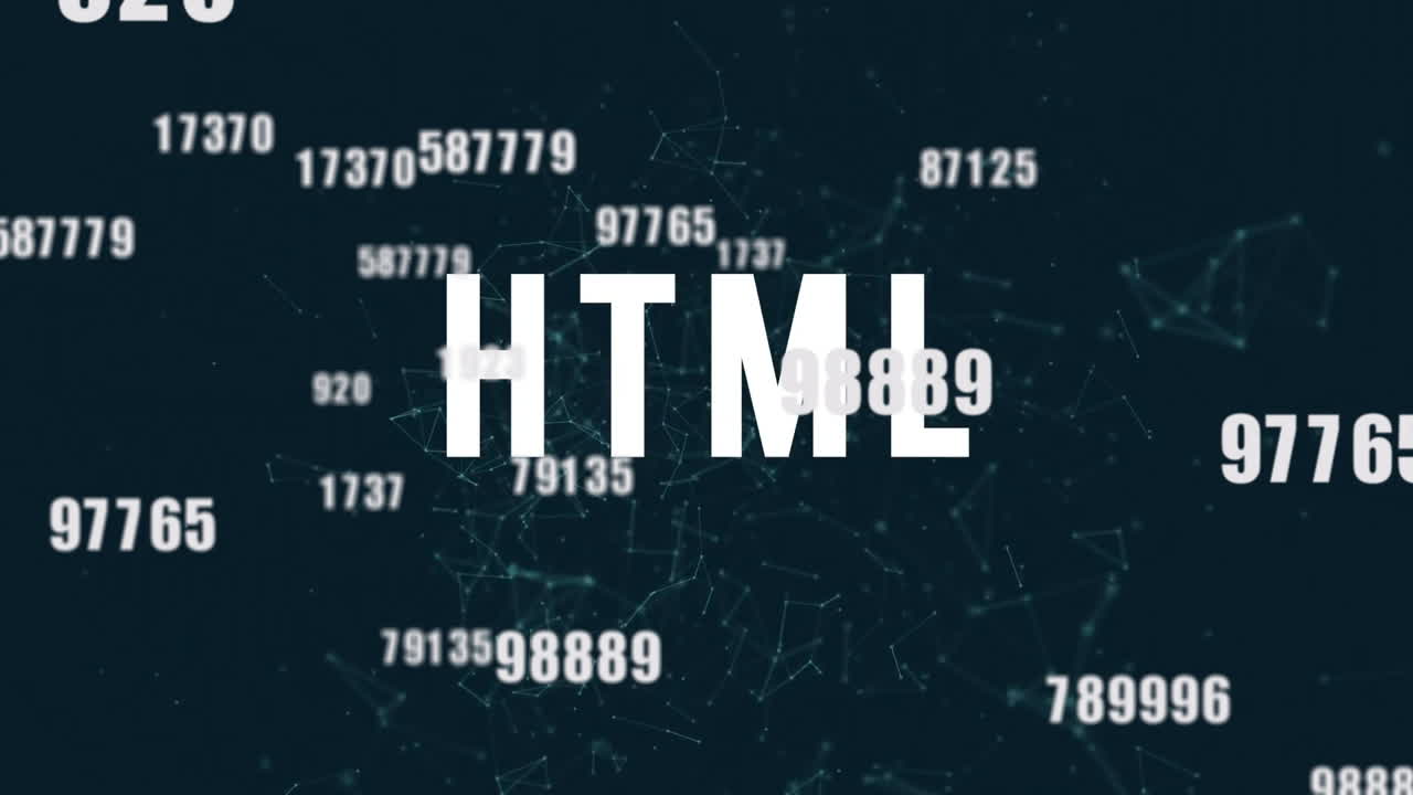 Animation of HTML text with floating numbers and connections over digital network