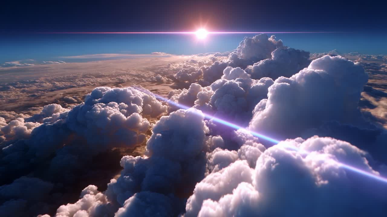 A breathtaking view of fluffy clouds illuminated by radiant sunlight, showcasing a stunning aerial perspective of the sky above, where the colors blend beautifully as day unfolds in a picturesque display of nature's beauty