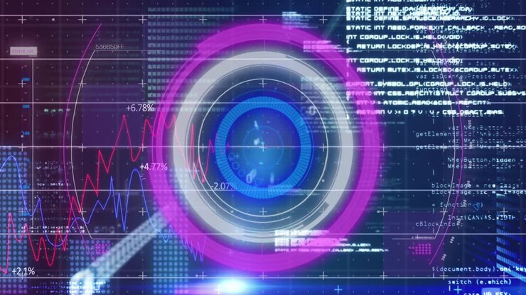 Digital animation of neon round scanner and data processing against financial data processing