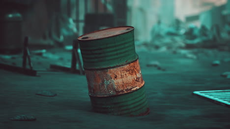 rusty barrel in a post-apocalyptic landscape