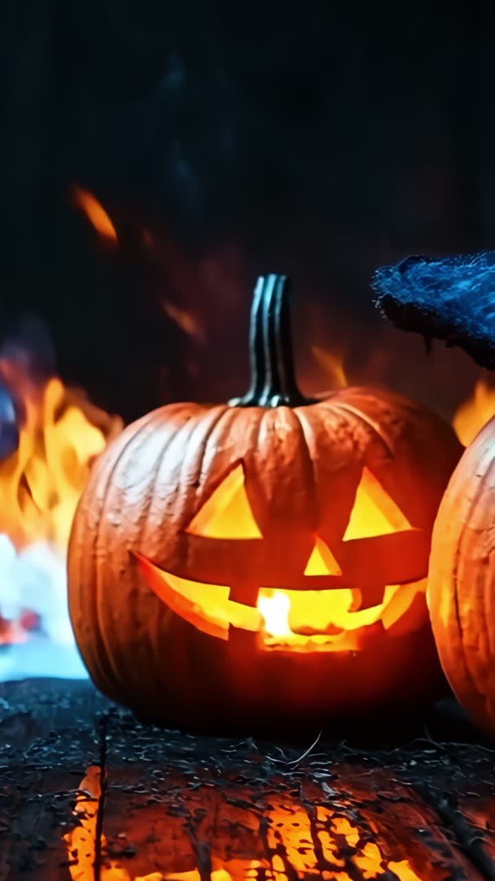 Three pumpkins with a witch's hat on top of them. The pumpkins are lit up and the background is dark and smoky