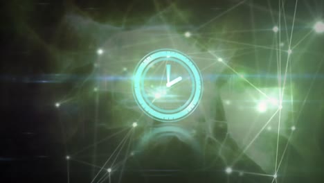 Animation-Einer-Uhr,-Die-Sich-Schnell-über-Ein-Netzwerk-Von-Verbindungen-Bewegt,-Und-Leuchtende-Punkte-Auf-Grünem-Hintergrund