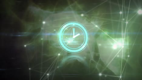 Animación-Del-Reloj-Que-Se-Mueve-Rápidamente-A-Través-De-Una-Red-De-Conexiones-Y-Puntos-Brillantes-Sobre-Fondo-Verde