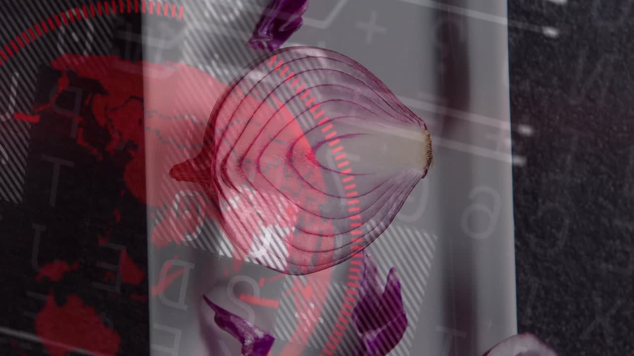 Animation starting, halved red onion sitting cut-side-up on dish, overlays sliding, adding red cast