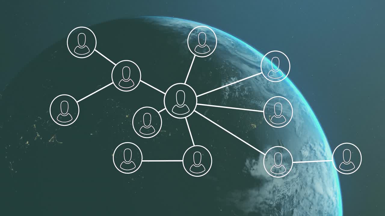 animación de la red de iconos digitales y procesamiento de datos en todo el mundo