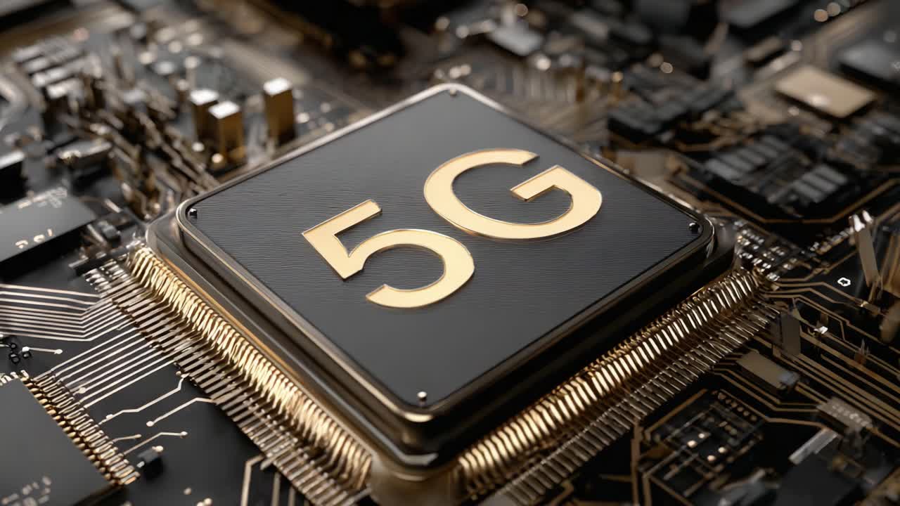 Primo piano di un microchip 5G che mostra tecnologia e connettività avanzate, evidenziando il futuro delle telecomunicazioni e delle innovazioni nella comunicazione digitale.