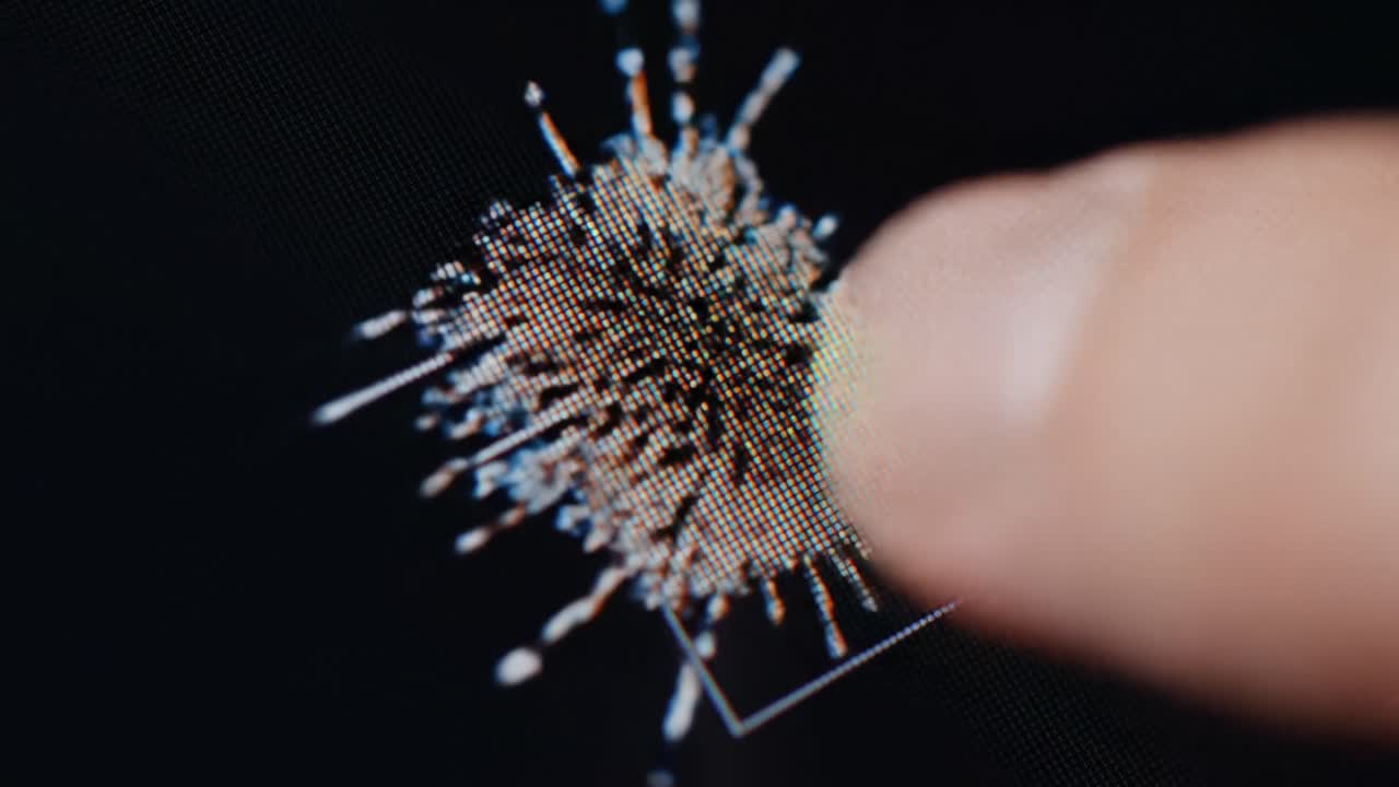 Esplorando l'interazione digitale: primo piano di un dito che tocca uno schermo con grafiche in evoluzione, mostrando la moderna tecnologia touch e il design digitale.
