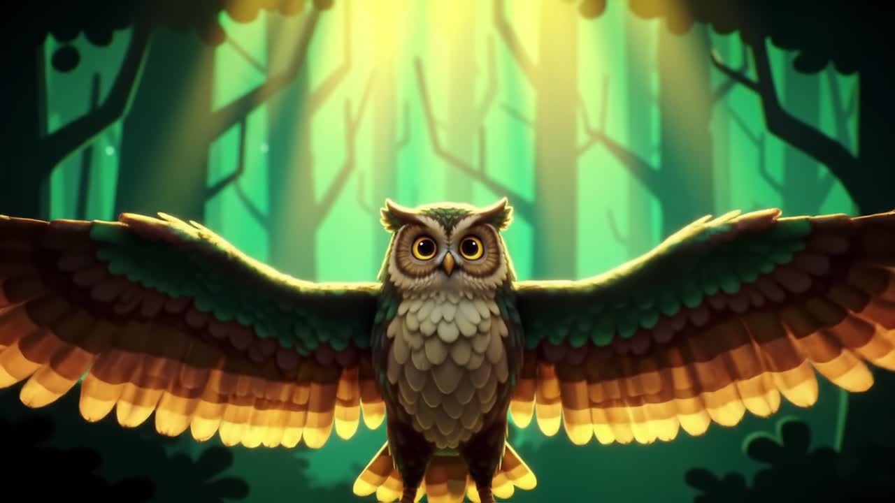 Un maestoso gufo apre le ali in una scena mistica nella foresta, immerso in una luce eterea, catturando la meraviglia della natura e la sua enigmatica bellezza