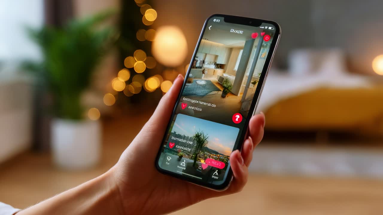 Exploring Virtual Spaces: A User Engages with an Interactive App on a Mobile Device, Showcasing Stunning Home Environments and Personalized Suggestions at a Cozy Setting