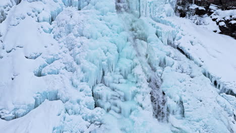 frozen waterfall with icy blue formations and flowing water in norway near rovijoen putous