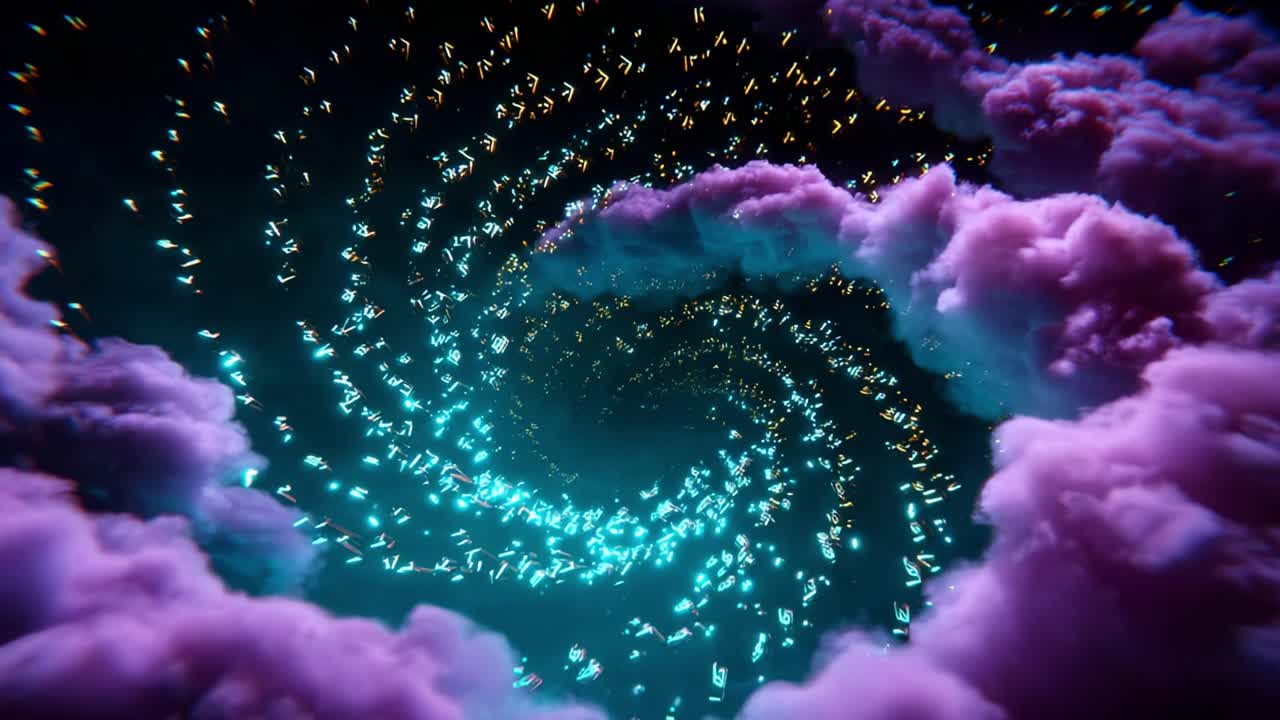 Mesmerizing Cosmic Spiral of Luminous Particles Dancing Amidst Ethereal Clouds of Purple and Aqua in a Digital Universe Captivatingly Rendered in 3D Animation