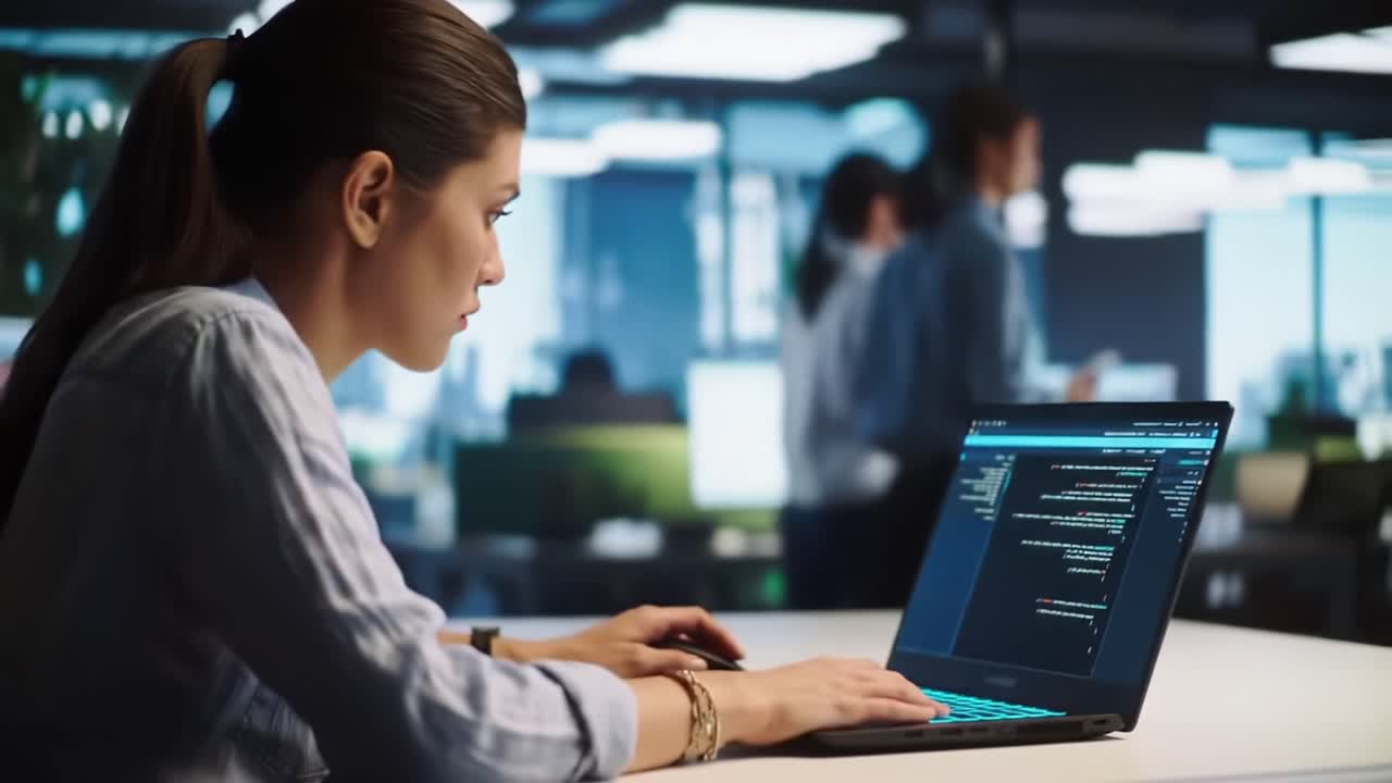 Focused on Coding: A Woman Engaged in Software Development at a Modern Workplace, Displaying Concentration and Technical Skills Using a Laptop