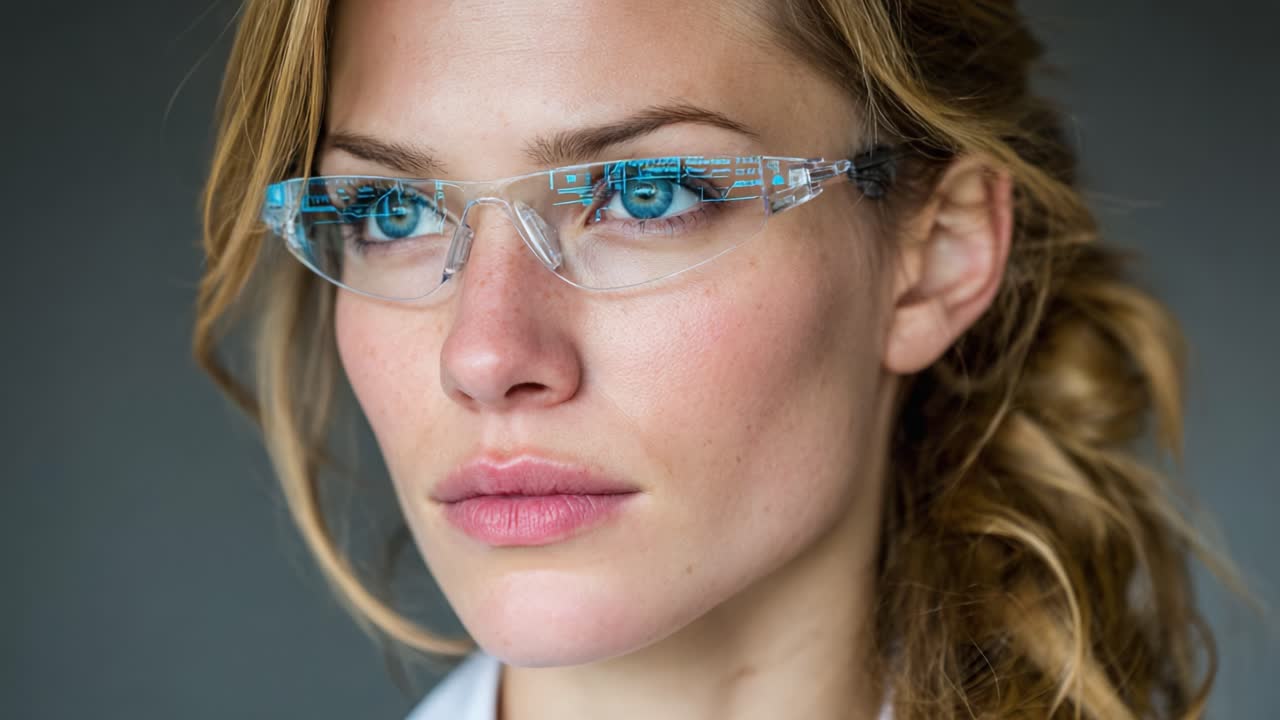 A Close-Up Portrait of a Woman Wearing Stylish Clear Glasses with Blue Detailing, Highlighting Her Expressive Eyes and Natural Beauty in a Softly Lit Setting