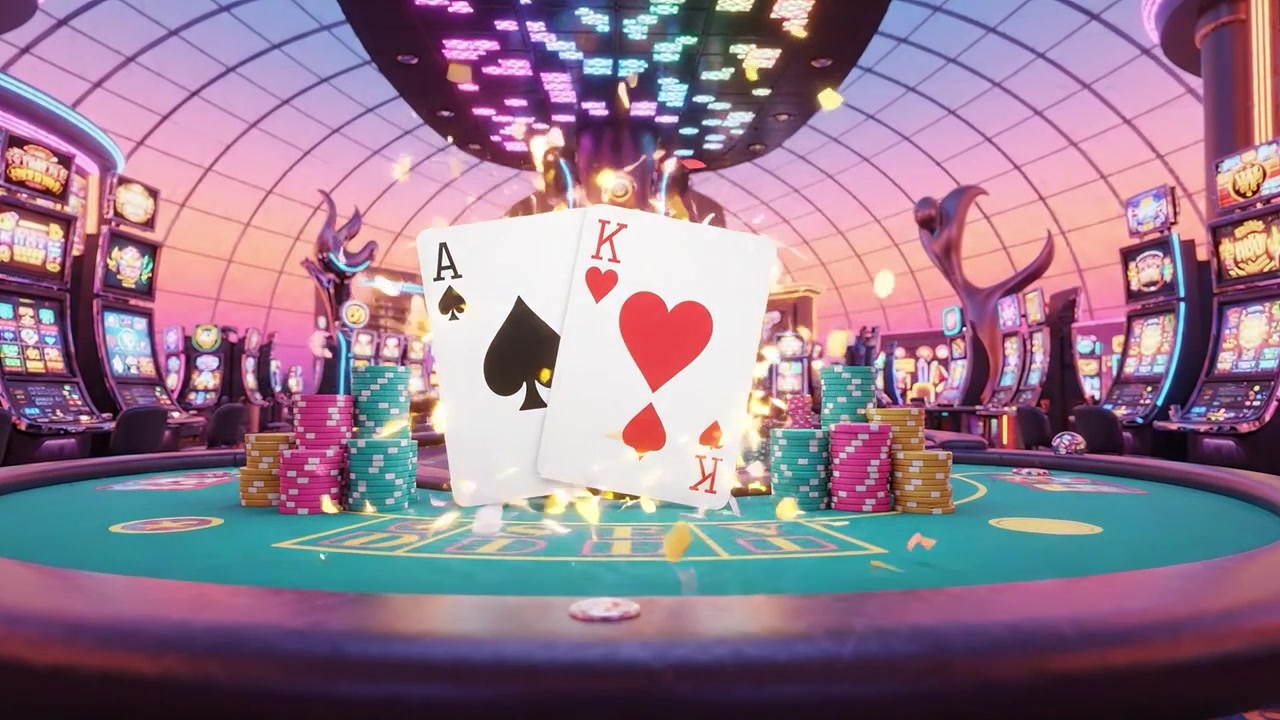 Una impresionante escena de casino al anochecer con lujosas máquinas tragaperras y juegos de cartas, una exquisita disposición de mesas y vibrantes efectos de iluminación.