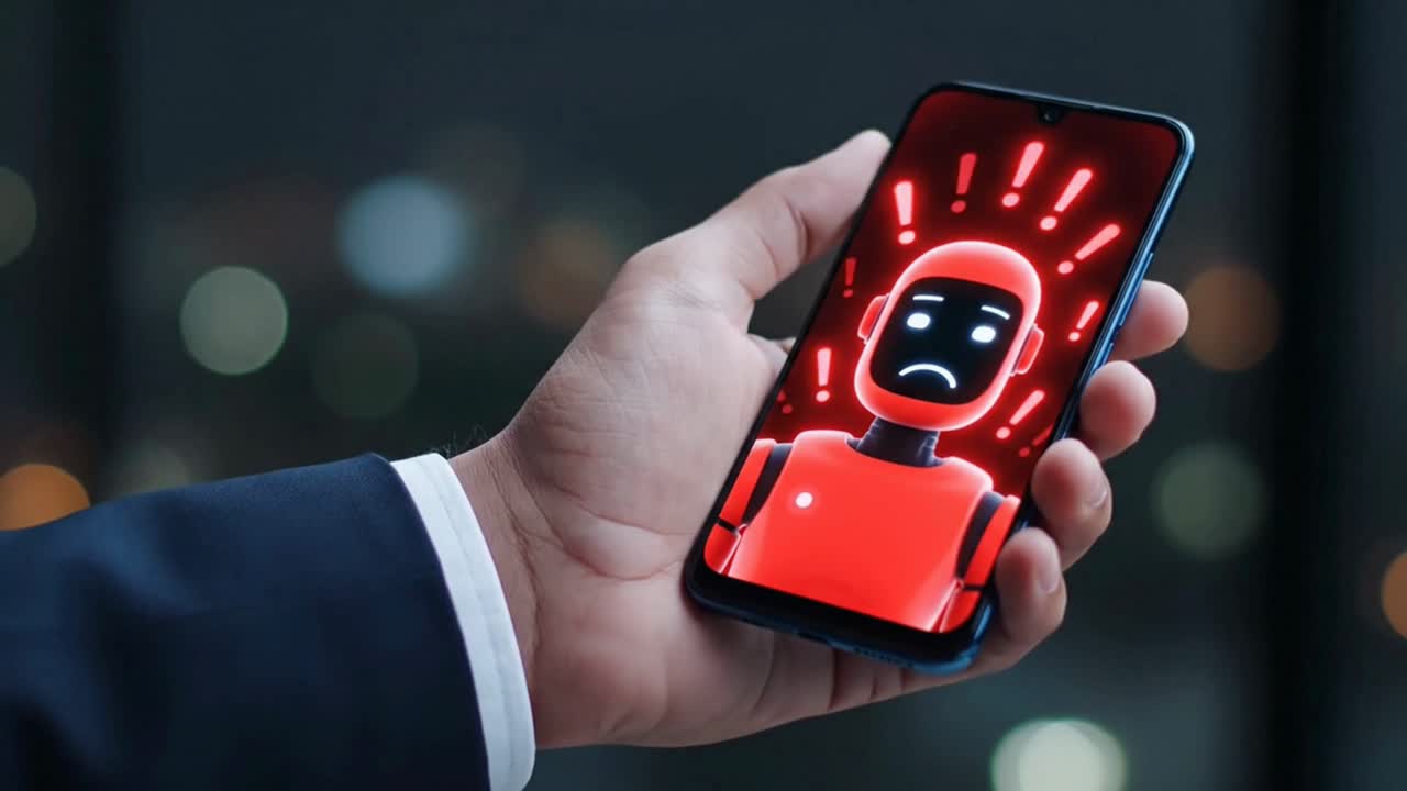 Errore di sistema o malfunzionamento dell'intelligenza artificiale visualizzato sullo schermo di uno smartphone moderno