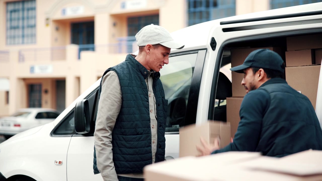 Two Delivery Workers Loading Cardboard Boxes into a Van
