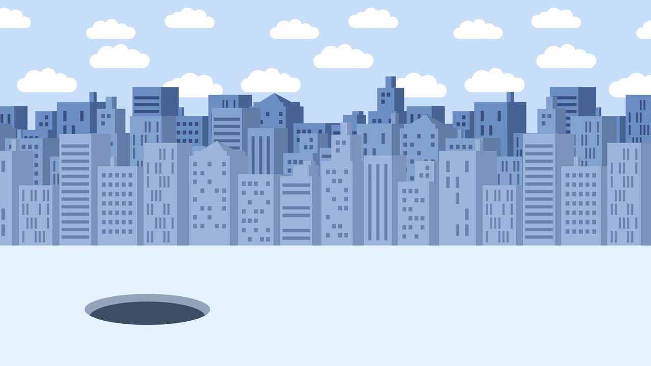 Donna d'affari che salta oltre il buco. Sfondo di edifici. Concetto di rischio. Illustrazione in loop in stile piatto.